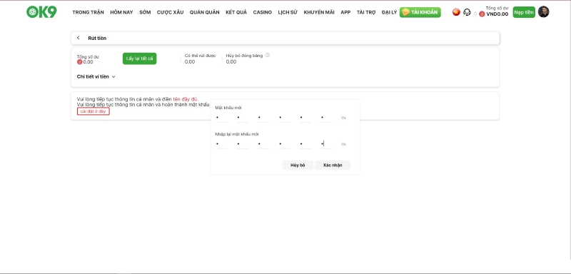 Cài mật khẩu rút tiền